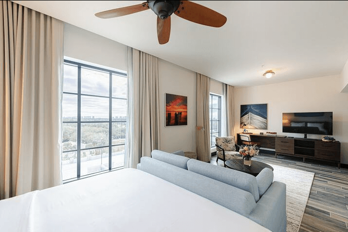 Hotel room with tailored curtains